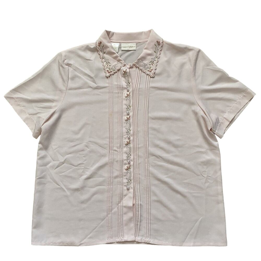 VINTAGE Christie & Jill Blush Pink Pearl and Floral Embroidered Short Sleeve 14